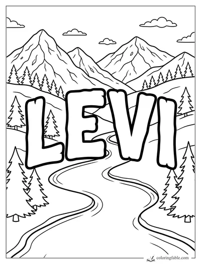 LEVI bubble letters over a winding road, pine trees, mountains, and clouds coloring page