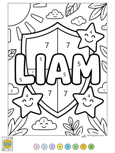 Liam Name Shield with Smiling Stars — color by number