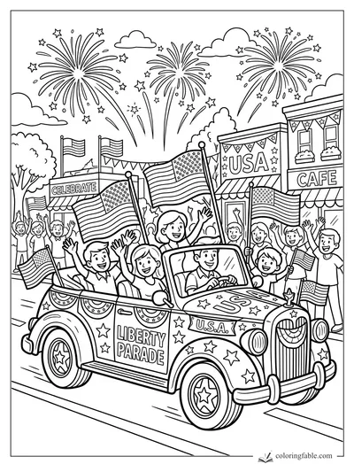 Cartoon parade car with USA flags, cheering kids, fireworks, bunting, and a cafe on a festive street.