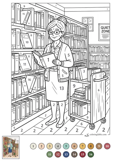 Librarian Reading Between the Shelves — color by number