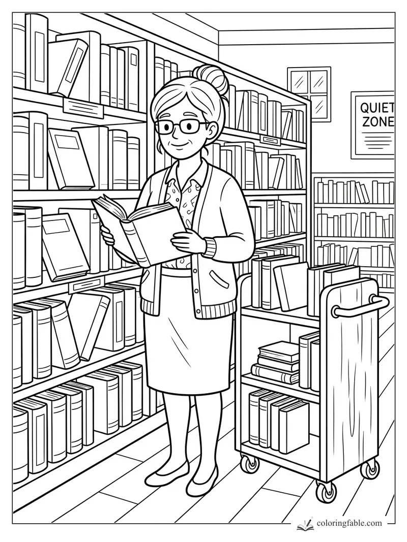 Librarian with glasses reads an open book beside library shelves, a book cart, and a Quiet Zone sign.