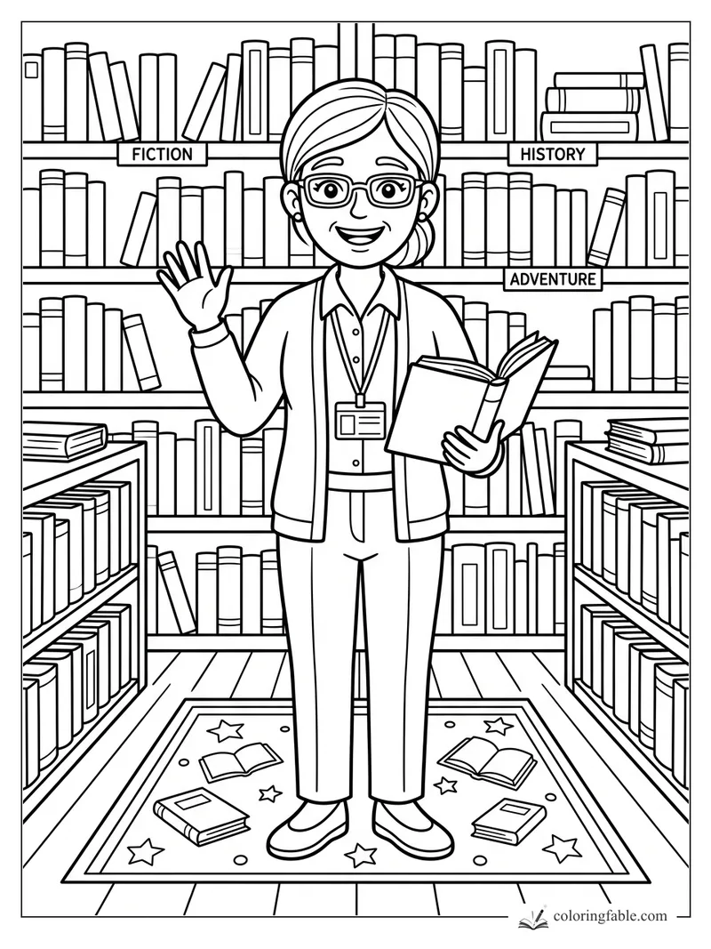 Smiling librarian with glasses waves while holding a book between Fiction, History, and Adventure shelves.