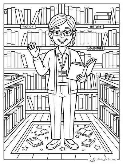 Smiling librarian with glasses waves while holding a book between Fiction, History, and Adventure shelves.
