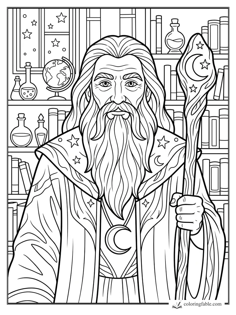 Bearded wizard in a starry robe holding a moon staff in a library with books, potions, globe, and window stars.