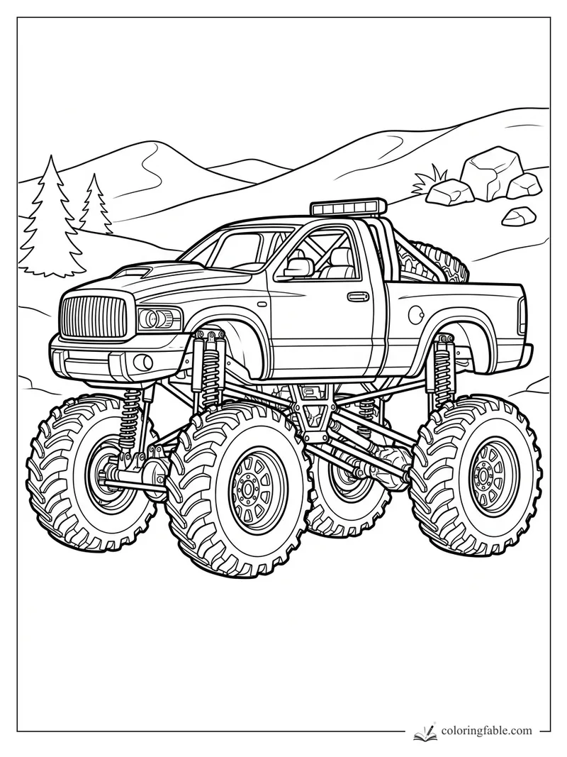 Realistic lifted monster truck with huge treaded tires, roof light bar, pine trees, hills, and rocks.
