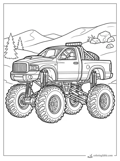 Realistic lifted monster truck with huge treaded tires, roof light bar, pine trees, hills, and rocks.