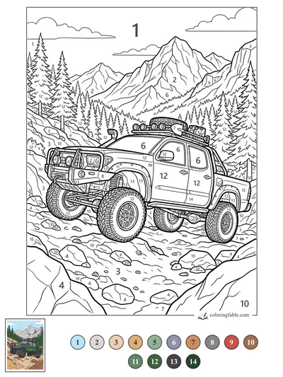 Lifted Off-Road Truck on a Rocky Mountain Trail — color by number
