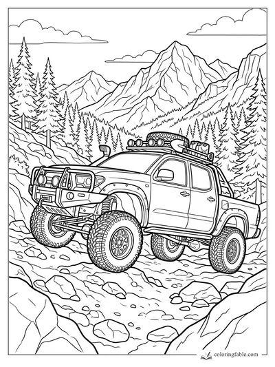 Realistic lifted off-road truck with roof gear on a rocky trail in pine-covered mountains.