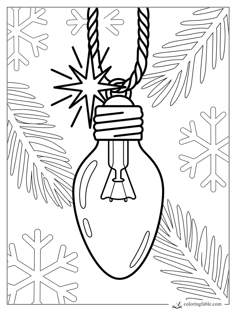 Minimalist light bulb ornament hanging by a braided cord, with pine branches, snowflakes, and a bright spark.