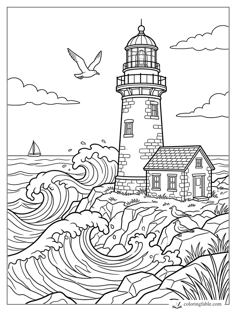 Lighthouse and keeper’s cottage on rocky coast with crashing waves, gulls, clouds, and a small sailboat