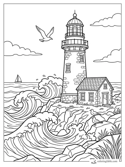 Lighthouse and keeper’s cottage on rocky coast with crashing waves, gulls, clouds, and a small sailboat