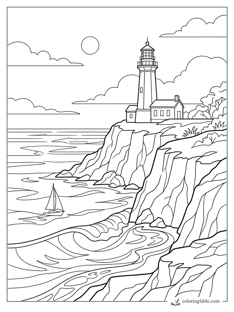 Realistic lighthouse on sea cliffs with waves, a small sailboat, sun, and layered clouds.