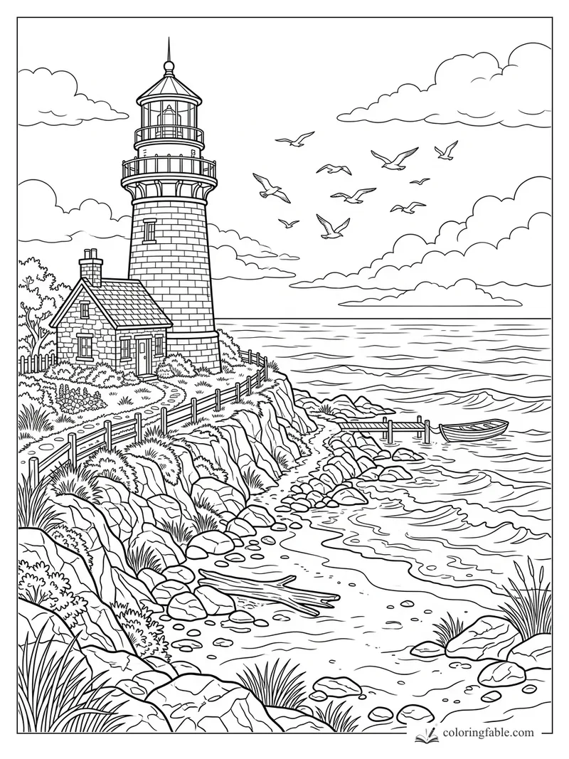 Intricate lighthouse and cottage on a rocky seaside cliff with gulls, clouds, dock, rowboat, and waves
