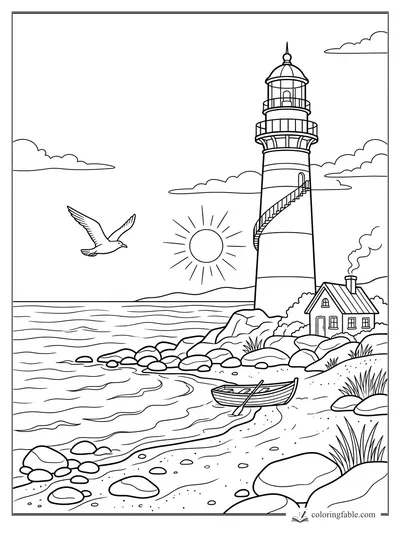 Lighthouse on a rocky cove with cottage, rowboat, sun, ocean waves, clouds, and a flying gull