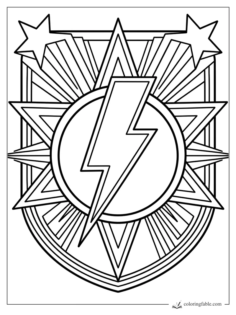 Superhero lightning bolt emblem with stars, wings, rays, and a shield outline