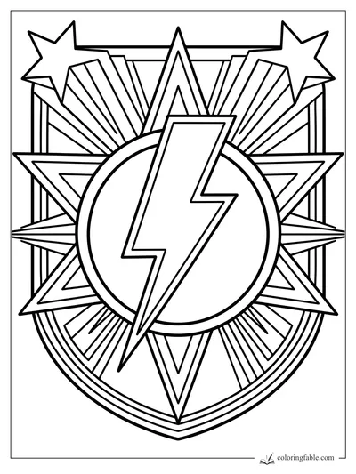 Superhero lightning bolt emblem with stars, wings, rays, and a shield outline
