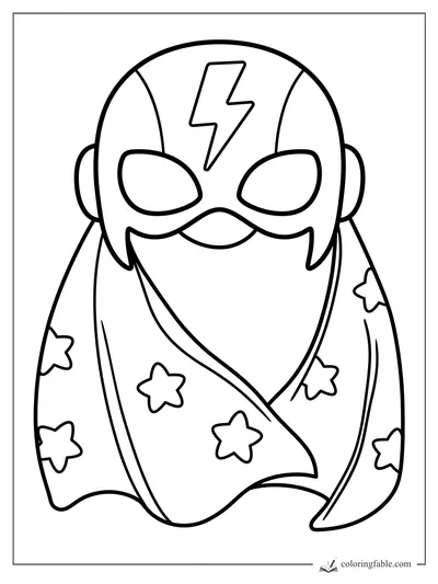 Easy superhero coloring page with lightning mask, big eye shapes, and star-covered cape