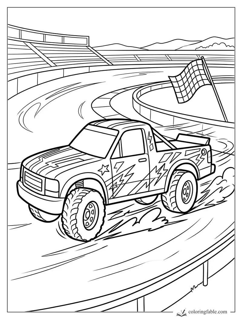 Cartoon racing pickup with lightning decals sliding past a checkered flag on an oval track.