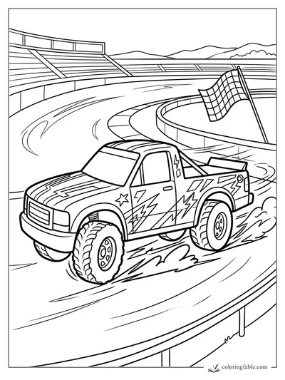 Cartoon racing pickup with lightning decals sliding past a checkered flag on an oval track.