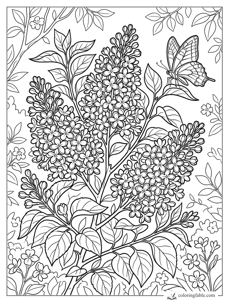 Lilac flower clusters with pointed leaves and a swallowtail butterfly in a garden coloring page
