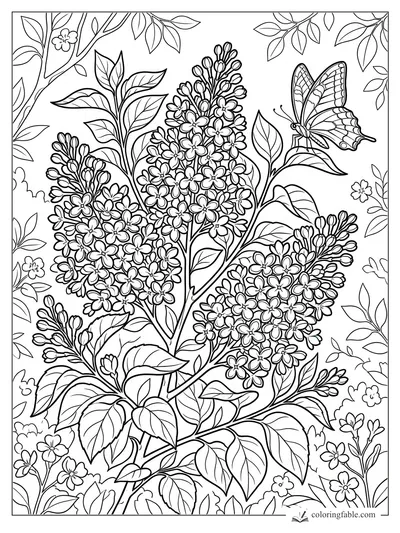Lilac flower clusters with pointed leaves and a swallowtail butterfly in a garden coloring page