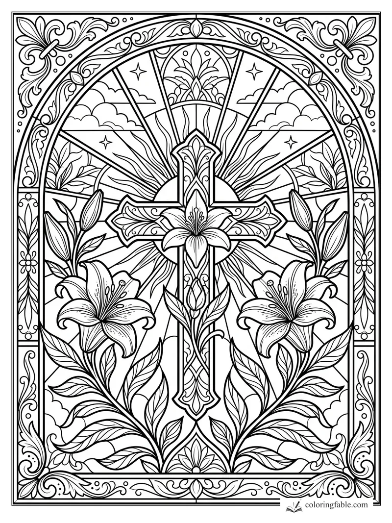 Intricate floral stained glass cross with lilies, sun rays, clouds, stars, and ornate border