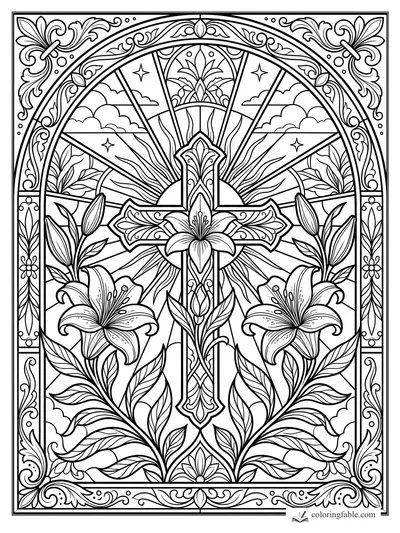 Intricate floral stained glass cross with lilies, sun rays, clouds, stars, and ornate border