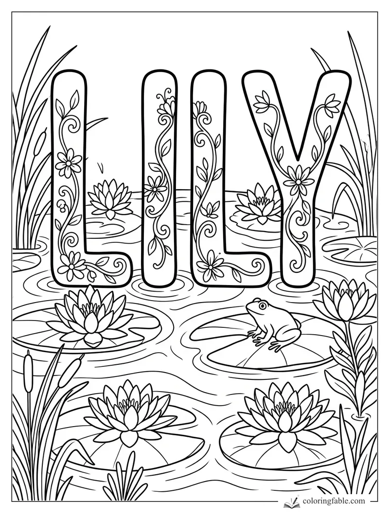 Lily name letters with floral vines, water lilies, cattails, lily pads, and a frog in a pond coloring page