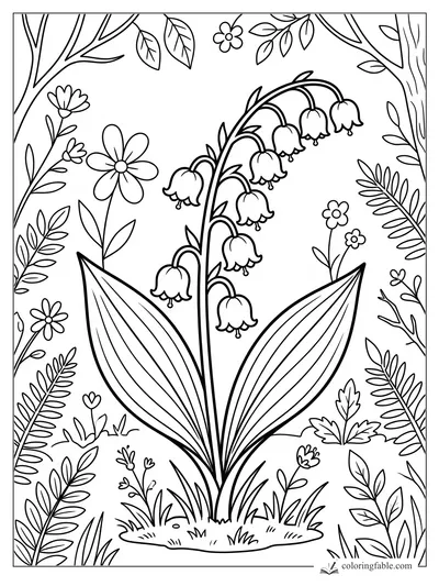 Lily-of-the-valley bells arch between large striped leaves in a leafy woodland coloring page.