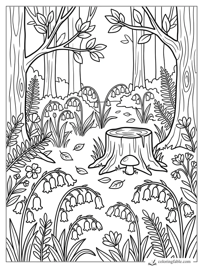 Lily-of-the-valley flowers, ferns, tree trunks, a stump, and a small mushroom in a woodland coloring page.