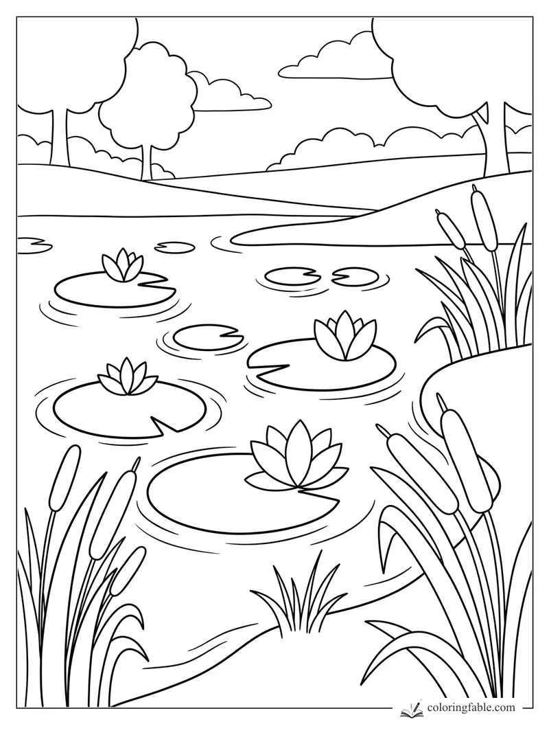 Minimalist pond landscape with lily pads, water lilies, cattails, rolling hills, trees, and clouds.