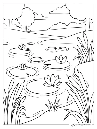 Minimalist pond landscape with lily pads, water lilies, cattails, rolling hills, trees, and clouds.