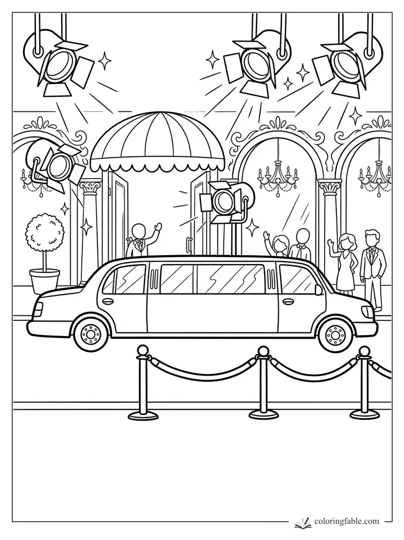 Cartoon limousine at a fancy entrance with spotlights, chandeliers, guests, and rope barriers.