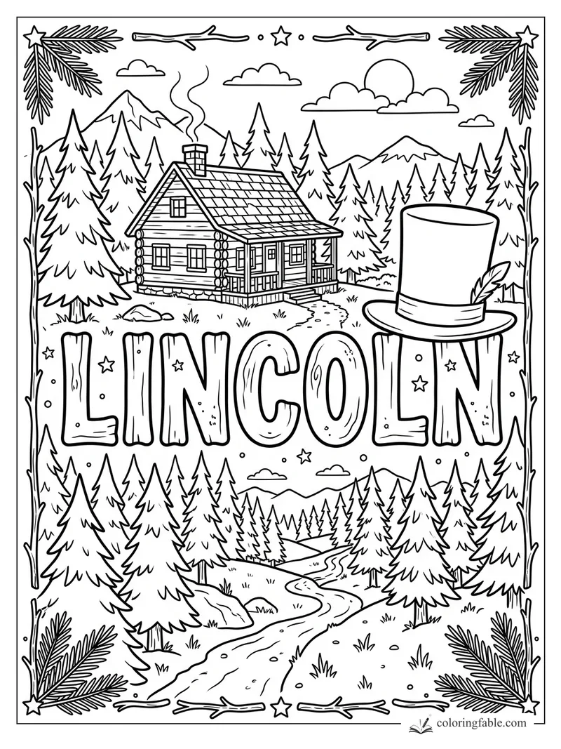 Lincoln name coloring page with log cabin, top hat, pine forest, mountains, sun, stream, and twig border.
