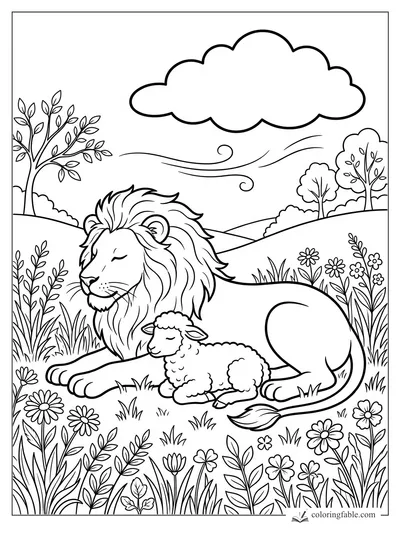 Peaceful lion and lamb sleeping together in a flower meadow under a cloud and swirling breeze