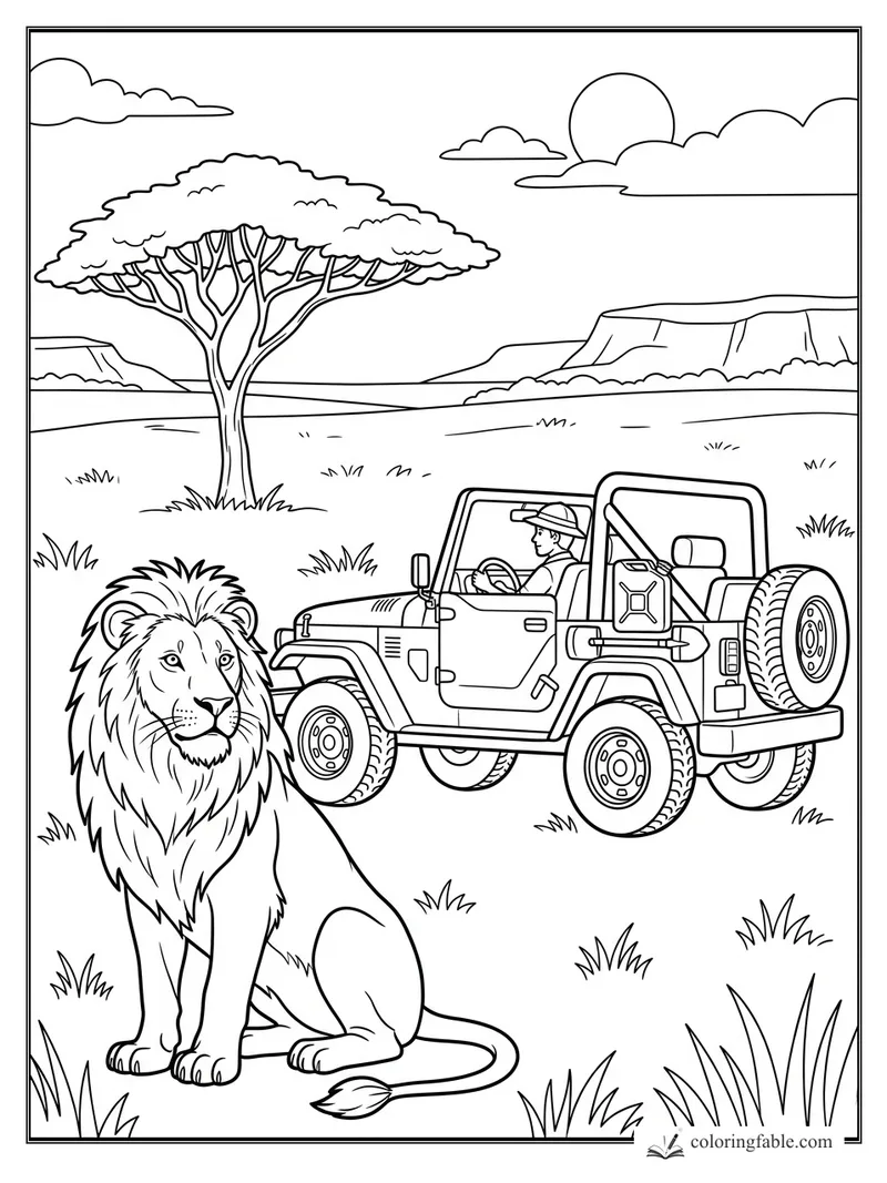 Lion sitting near an open safari jeep with a driver, acacia tree, grass, cliffs, sun and clouds