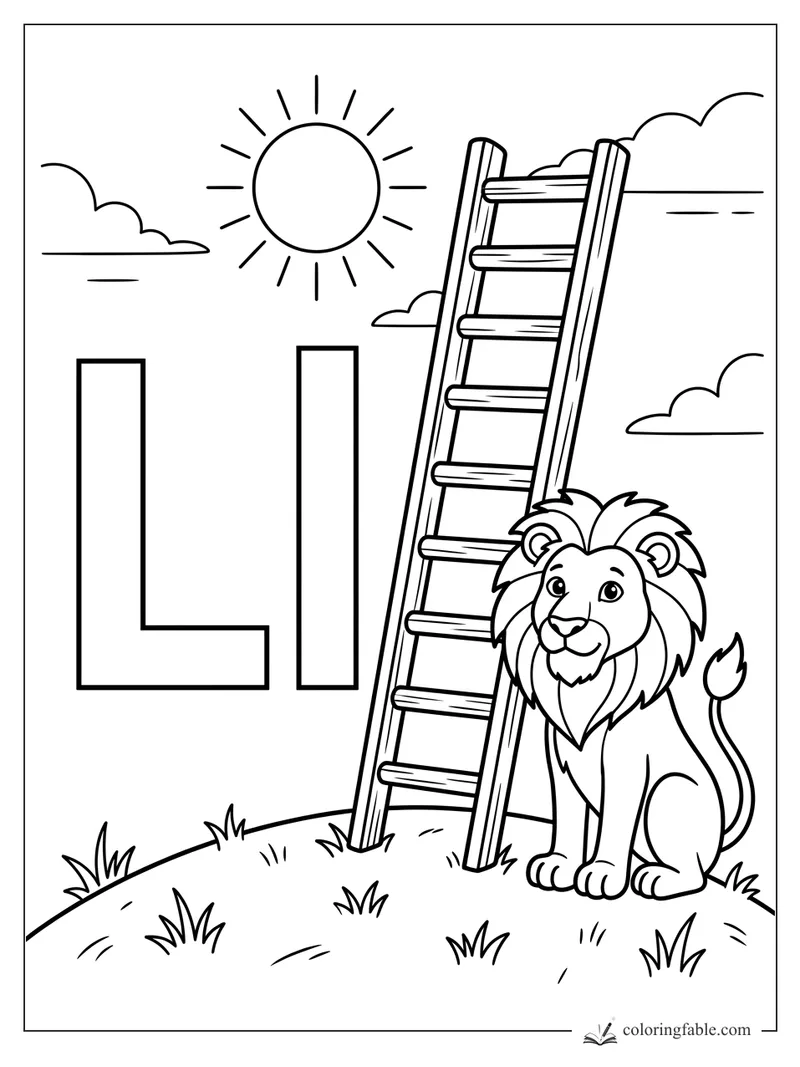 Letter L coloring page with a smiling lion, tall ladder, sun, clouds, and grassy hill.