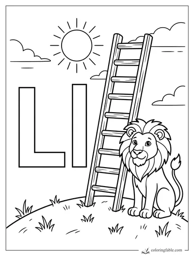 Letter L coloring page with a smiling lion, tall ladder, sun, clouds, and grassy hill.