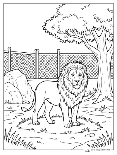 Lion with a full mane standing by a tree, rocks, grass, and a chain-link zoo fence coloring page