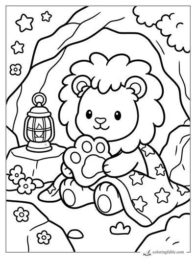 Cute lion cub in a cave holding a paw pillow beside a lantern, flowers, rocks, and starry blanket.