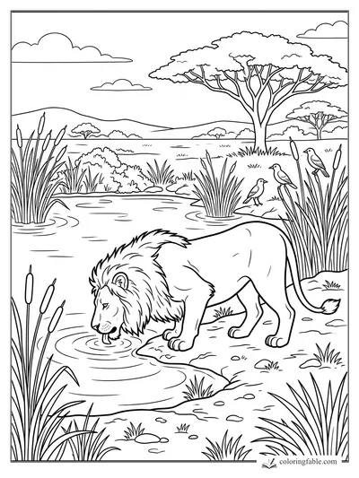 Lion drinking from a waterhole with reeds, birds, acacia trees, hills, and clouds in a savanna scene.