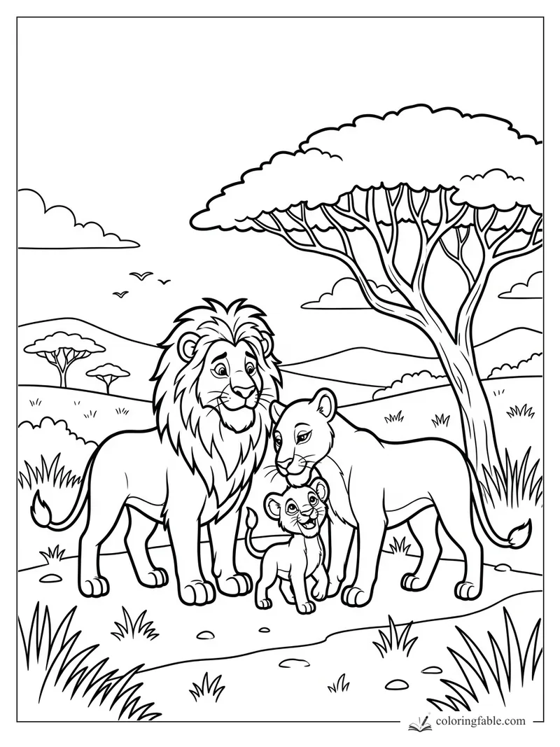 Cartoon lion family with cub standing under a tall acacia tree on the savanna
