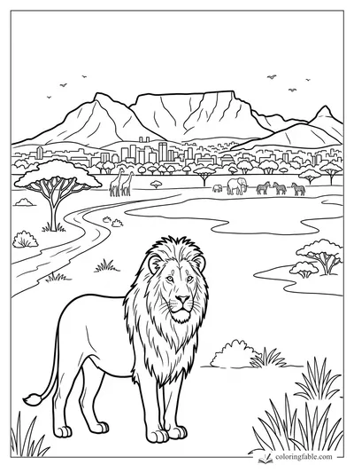 Lion standing on a savanna with Table Mountain, Cape Town skyline, giraffes, elephants, zebras, and acacia trees