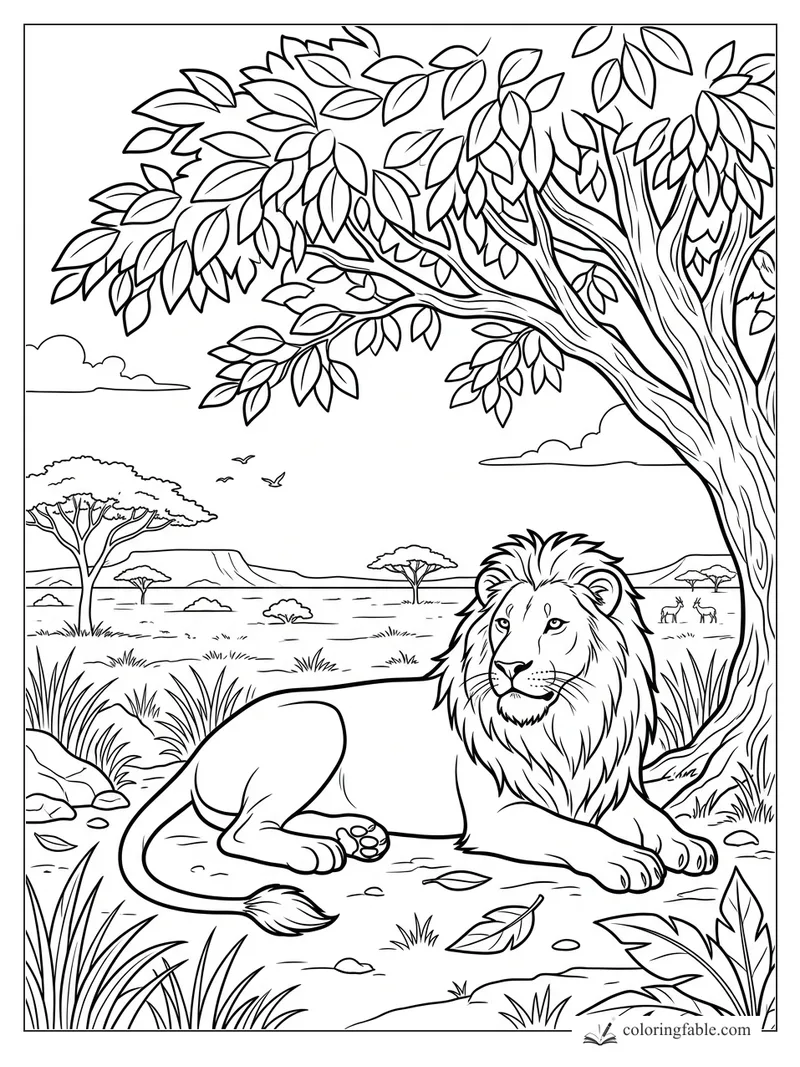 Lion lying under a broad leafy tree on the savanna with birds, antelope, grasses, and fallen leaves.