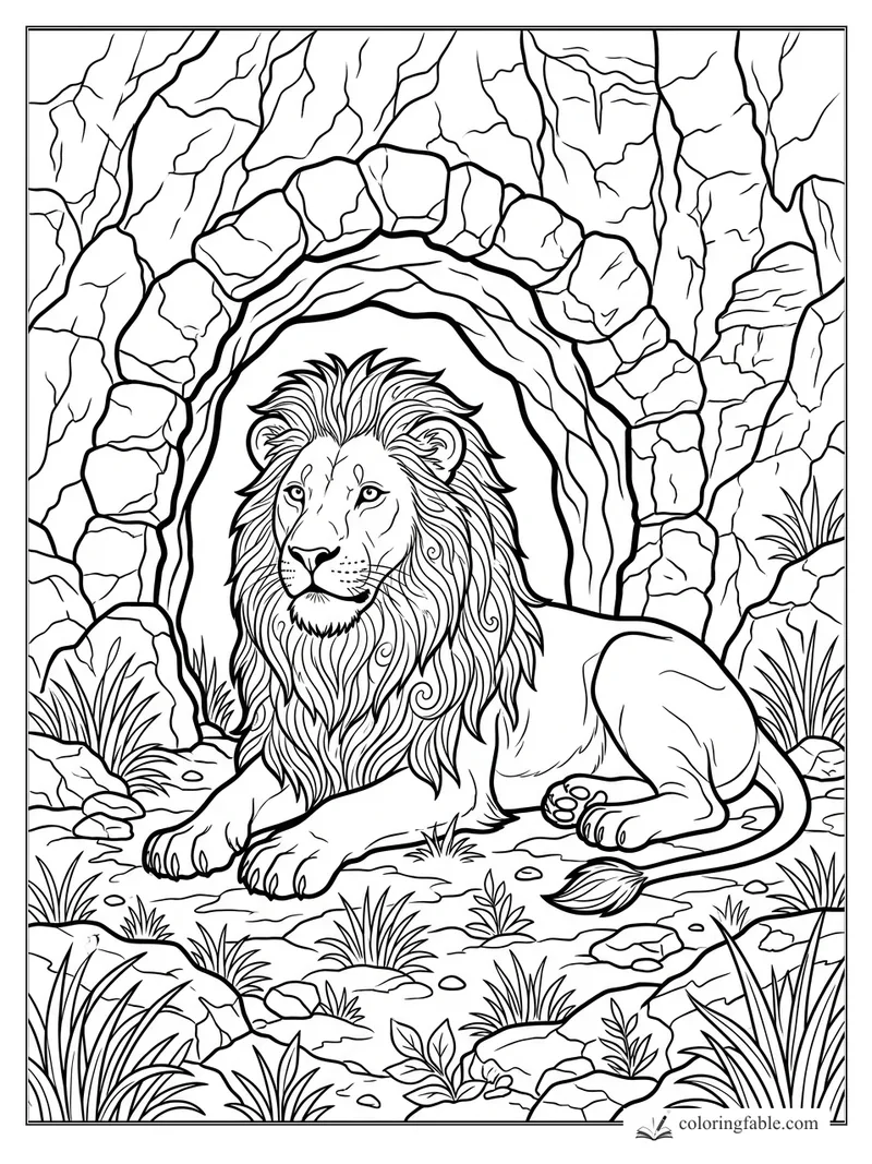 Detailed lion coloring page with a flowing mane, rocky cave arch, grasses, stones, and plants