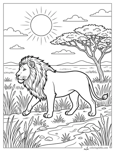 Lion walking by a small creek under a bright sun, with acacia tree, tall grass, clouds, and distant hills.