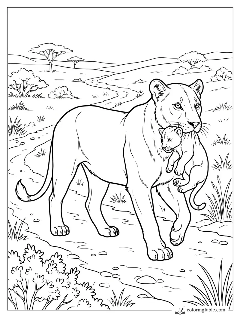 Realistic lioness carrying her cub by the scruff on a winding savanna path