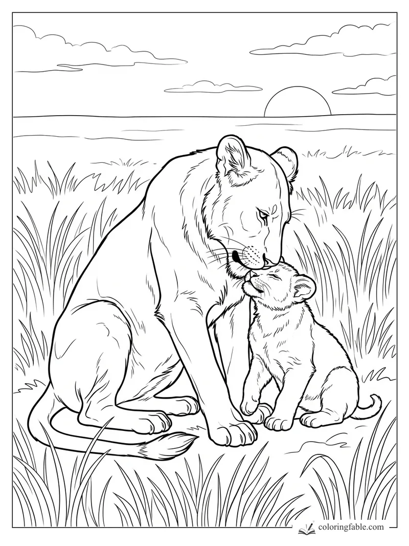 Realistic lioness nuzzling her cub in tall savanna grass at sunset