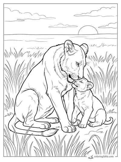 Realistic lioness nuzzling her cub in tall savanna grass at sunset