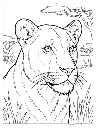 Realistic lioness portrait with alert eyes, whiskers, tall grass, and acacia trees on the savanna.